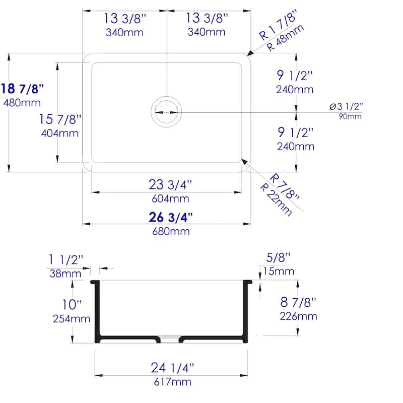 White 27" x 18" Fireclay Undermount / Drop In Firelcay Kitchen Sink