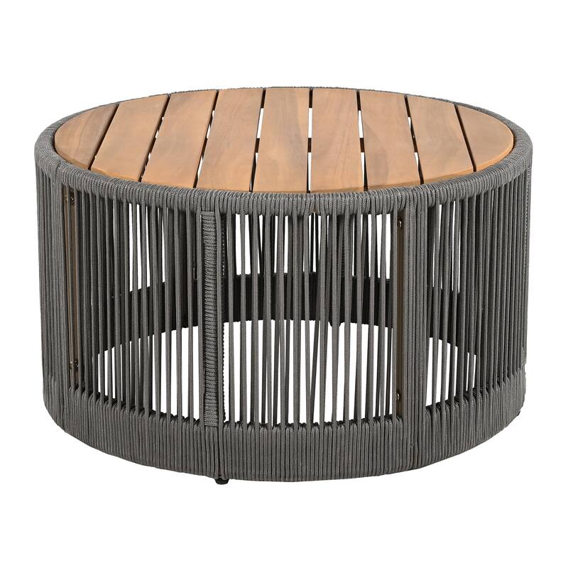 Roomfitters 31.5" Round Outdoor Coffee Table, Acacia Wood and Rattan Rope Accent Table for Patio and Balcony