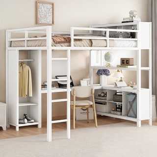 Full Size Metal Loft Bed with Desk, Wardrobe & Storage for Kids and Teens, White