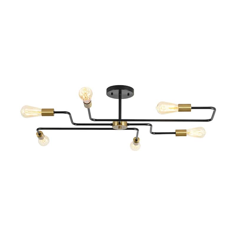 6-Light Industrial Black Brass Sputnik Semi Flush Mount Ceiling Light - 36.6 Inches