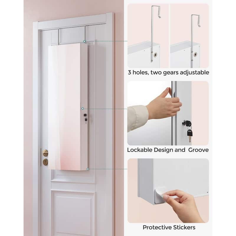 White Wooden Jewelry Armoire Organizer with LED Lights, Full-Length Mirror, and Lockable Storage - 14.8"L x 3.8"W x 42.5"H
