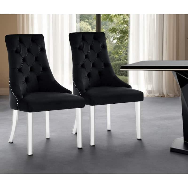Set of 2 Tufted Velvet Black Upholstery Dining Chairs with Nailhead Trim and Clear Legs for Living Room