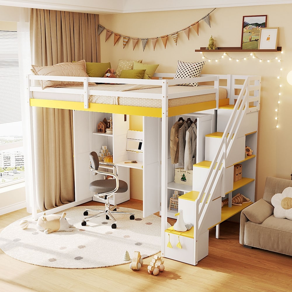 Full Size Loft Bed with Storage Staircase, Built-in Dressing Table, Mirror & Wardrobe - USB Charging & Lights