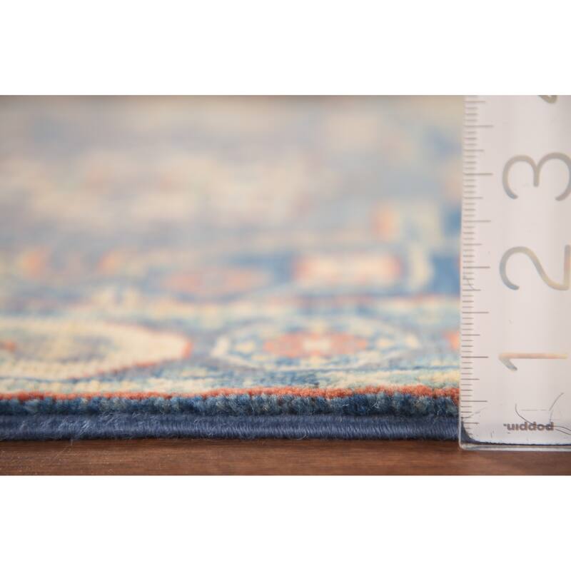 Blue Geometric Kazak Accent Rug Hand-Knotted Wool Carpet - 2'9" x 4'0"