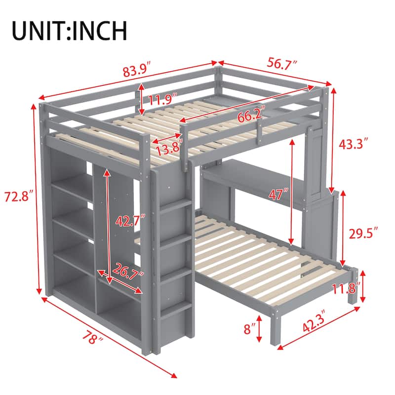 Full Over Twin Bunk Bed with Built-in Desk, Shelves and Wardrobe, Wood Bunk Bed Frame with Platform Bed and Loft Bed