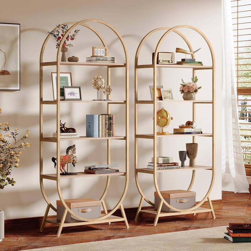 70.8 Inches Tall Bookshelf, 5 Tiers Arched Bookcase with Metal Frame - 2 PCS - Oak