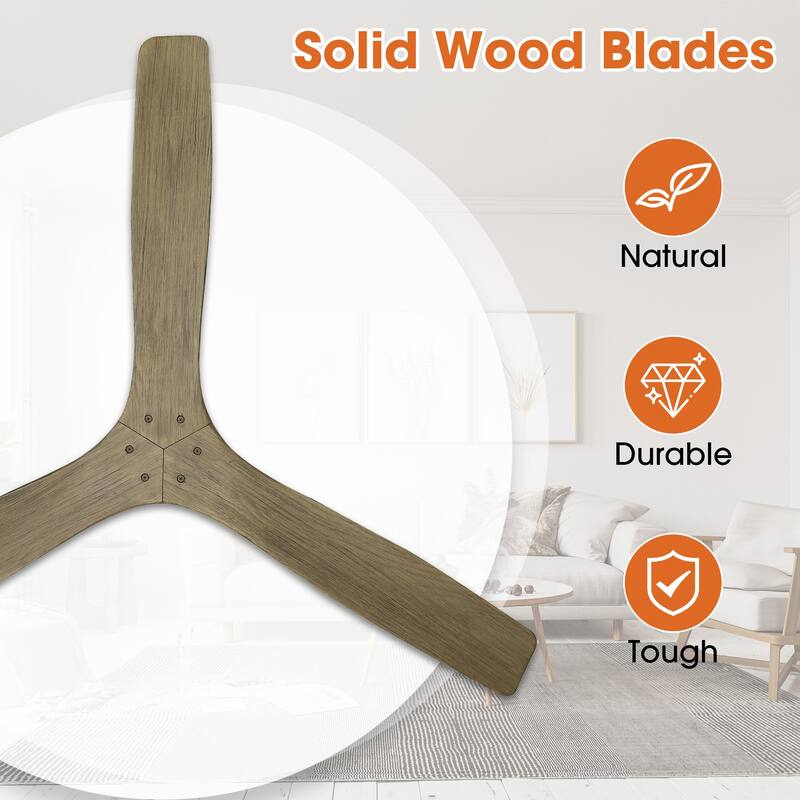 54" Transitional Solid Wood 3-Blade Chrome Flush Mount Ceiling Fan with Remote, No Light