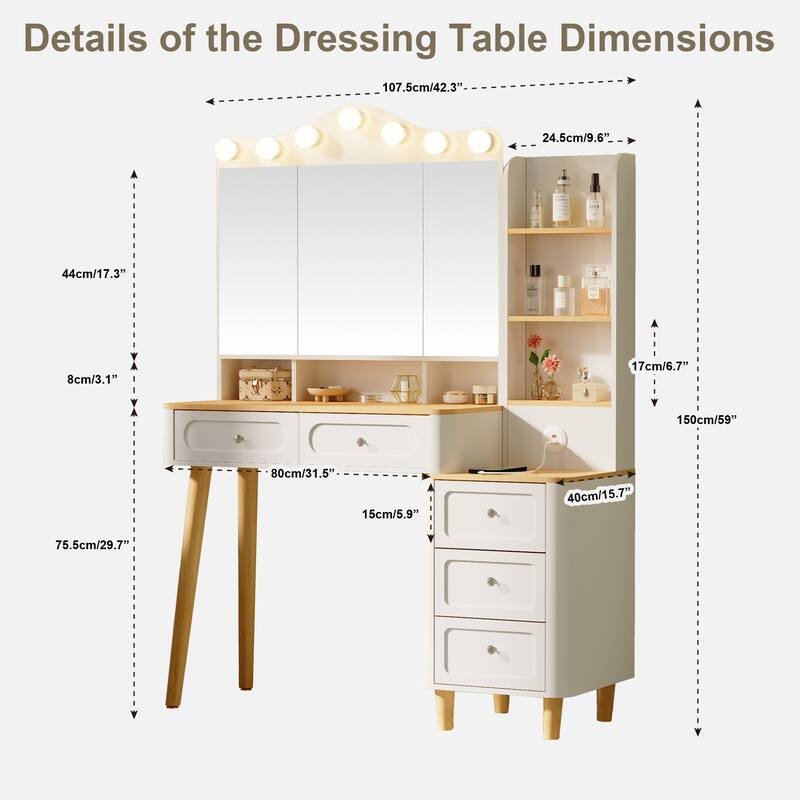 Makeup Vanity Desk with Tri-Fold LED Mirror, USB Charging Ports, 2 Drawers and 3-Drawer Chest
