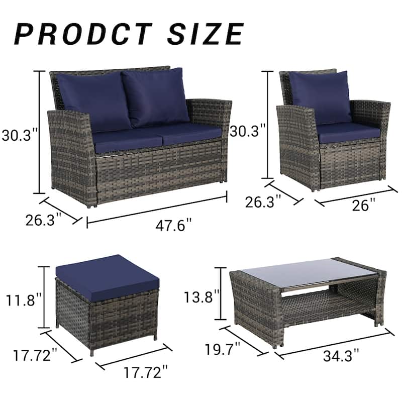 6 PCS Wicker Patio Furniture Sets with Ottoman & Tempered Glass Table - N/A - Dark Blue