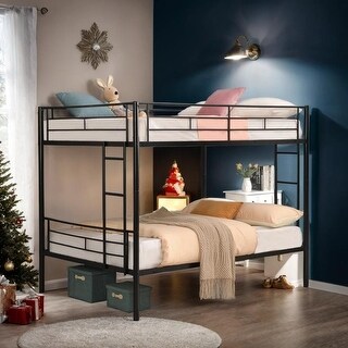Modern Style Full over Full Metal Bunk Bed with 2-Side Ladder and Full-Length Guardrail, Space-saving, Black