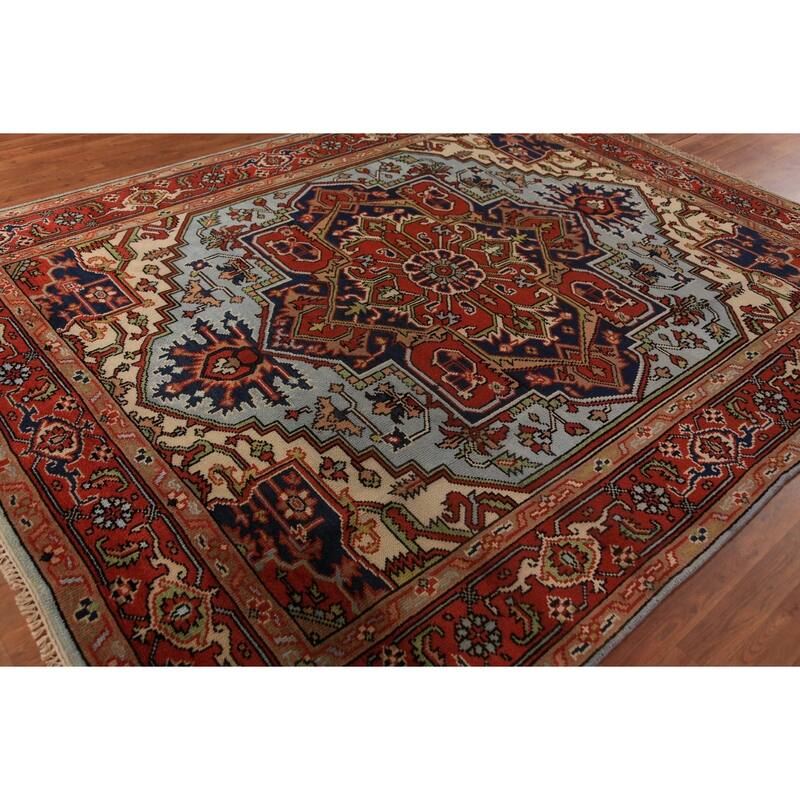 Geometric Heriz Serapi Indian Rug Hand-Knotted Blue Wool Carpet - 7'11"x 9'9"