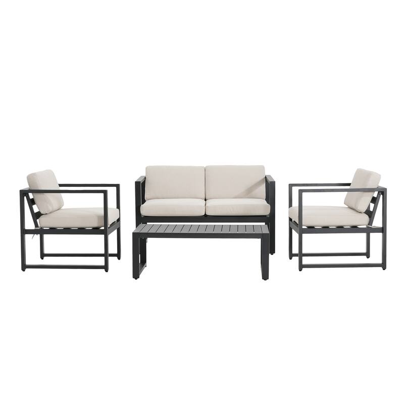 Roomfitters Outdoor Chat Set 4 Piece Aluminum Frame Cushioned Seating Coffee Table, Black Beige - Beige+Black