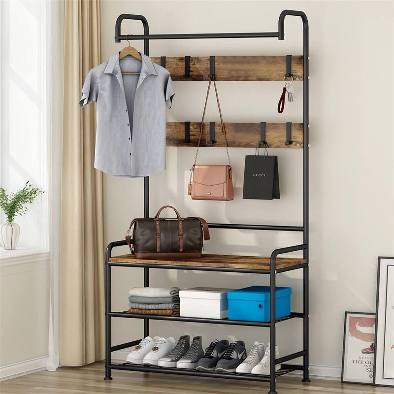 Coat Rack Shoe Bench 3-in-1 Hall Tree Storage Shelf Organizer - 31.1 x 12.2 x 72.83 - 31.1 x 12.2 x 72.83 - Rustic Brown + Black