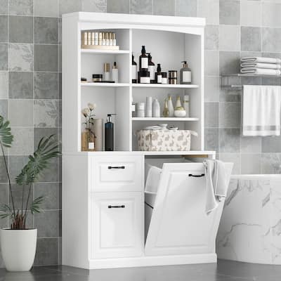 Bathroom Tall Free Standing Cabinet Storage Floor Cabinet w/ Adjustable Shelves, Drawers, Tilt-Out Linen Hamper & Steel Handles