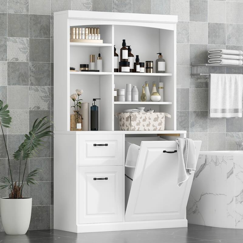 Modern Bathroom Cabinet, Freestanding Linen Tower with Slanted Storage Basket 2 Drawers and Adjustable Shelves, for Bathroom - White