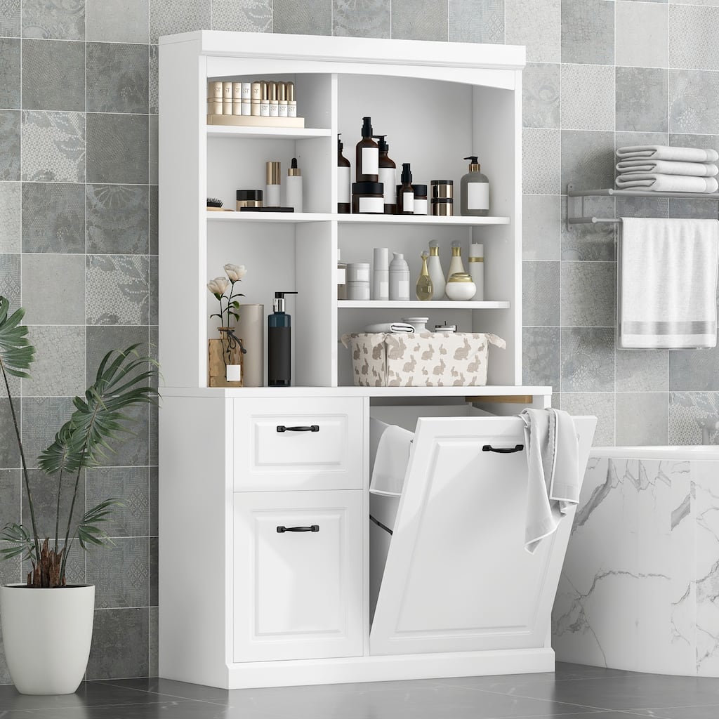 Modern Bathroom Cabinet, Freestanding Linen Tower with Slanted Storage Basket 2 Drawers and Adjustable Shelves, for Bathroom