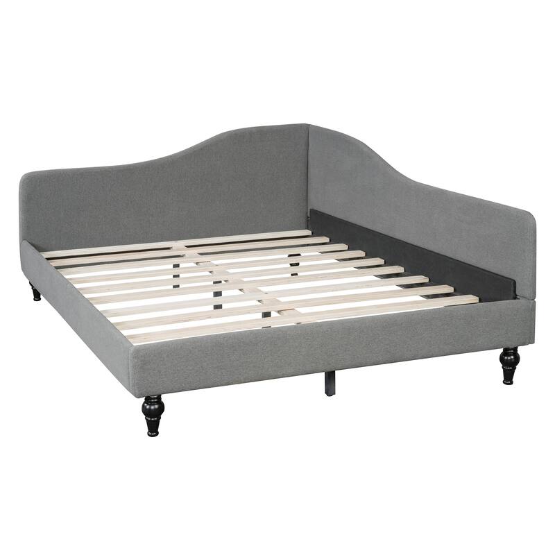 Twin/Full Size Upholstered Daybed, Linen Fabric Sofa Bed with Solid Wood Legs and L Shaped Backrest, Solid Wood Bedframe