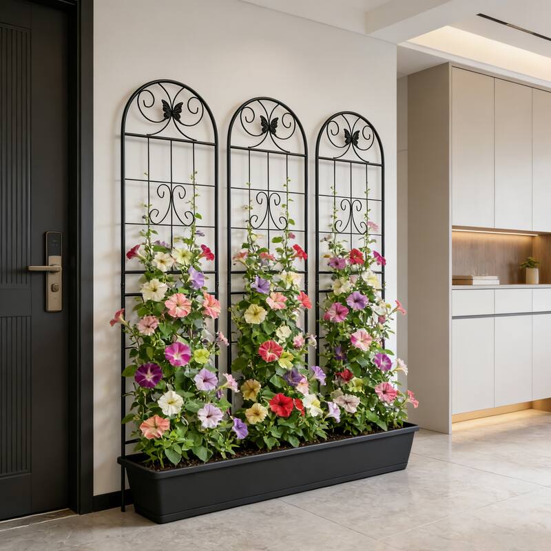 Anmytek Decorative Metal Garden Trellis Set of 2 with Arch Top Daisy Motifs Green Weather Resistant Climbing Plant Support