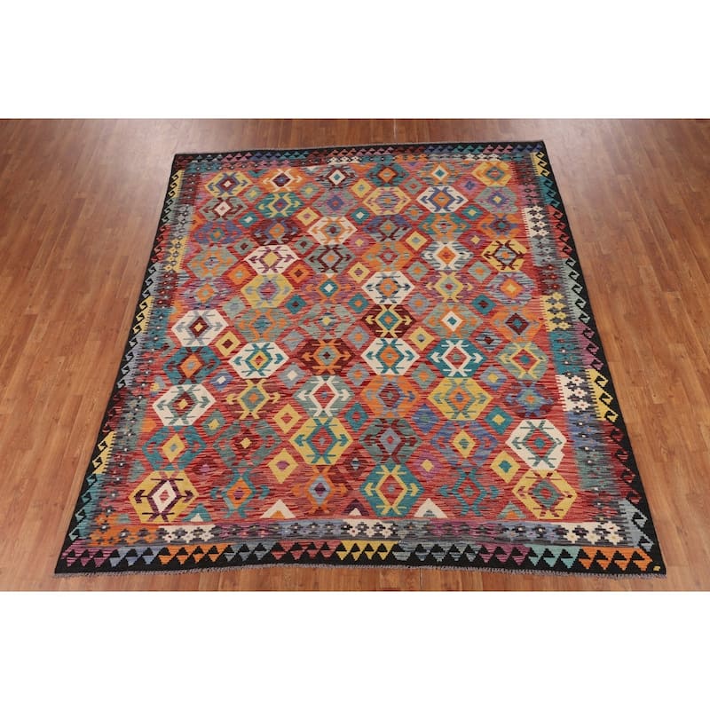 Multi-Color Geometric Kilim Area Rug Flatweave Wool Carpet - 8'5" x 9'6"