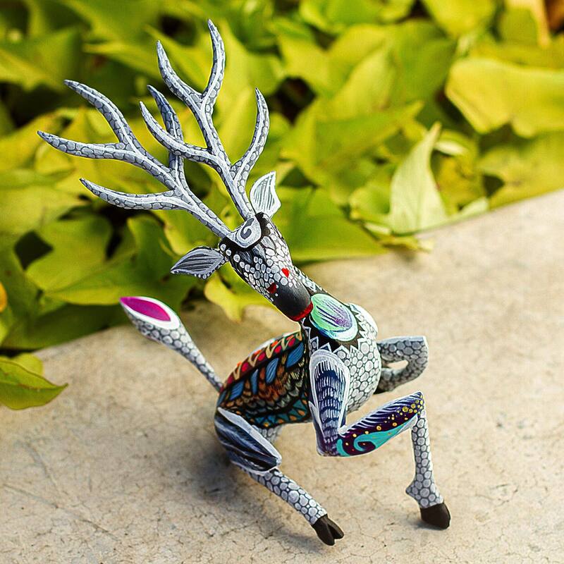 NOVICA Grey Deer, Wood alebrije sculpture - 9.25" H x 6.5" W x 4.6" D