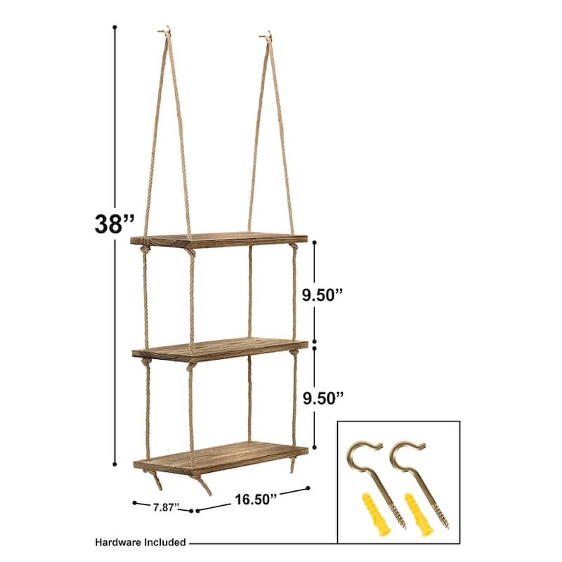 Wood Hanging Shelf 3-Tier Rustic Swing Storage Shelves Organizer Rack - 16.50" L x 7.87" W x 38" H