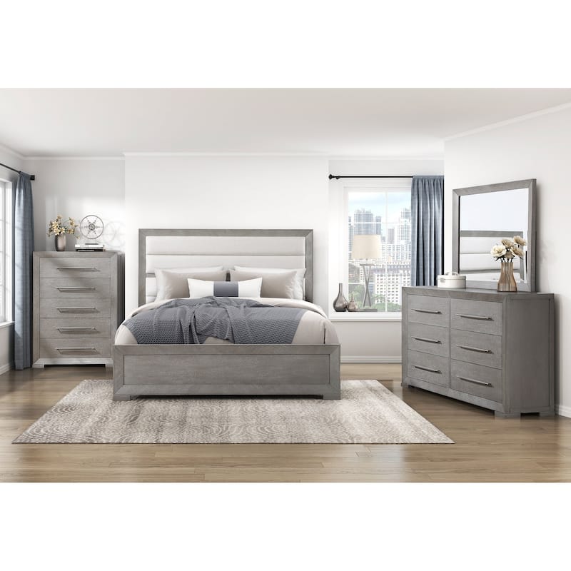 4pc Bedroom Gray Finish Wooden Furniture Bed Storage Chest Dresser Mirror