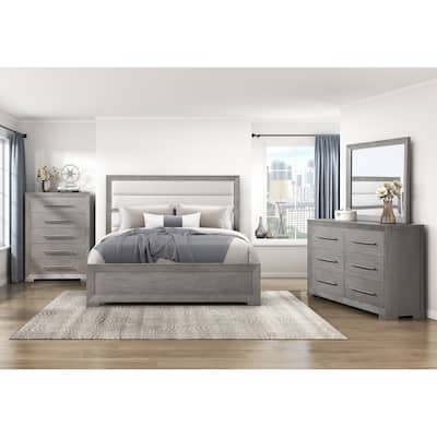 4pc Bedroom Gray Finish Wooden Furniture Bed Storage Chest Dresser Mirror