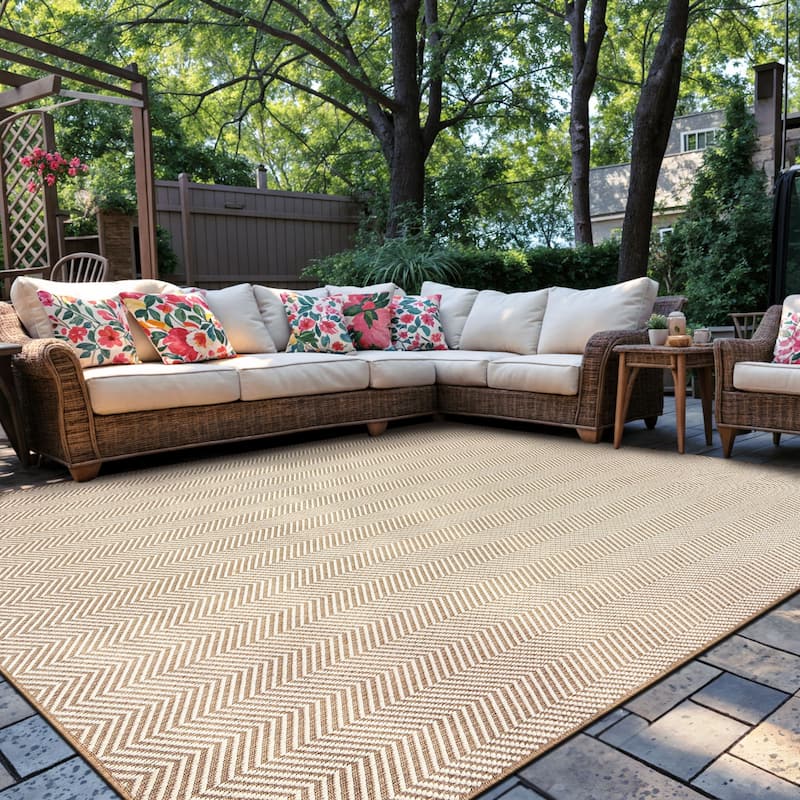 Herringbone Stripe Reversible Jute-Look Indoor/Outdoor Rug Reversible, Easy-Care Indoor/Outdoor Rug with Natural Fiber Look - 7' 10" X 10'