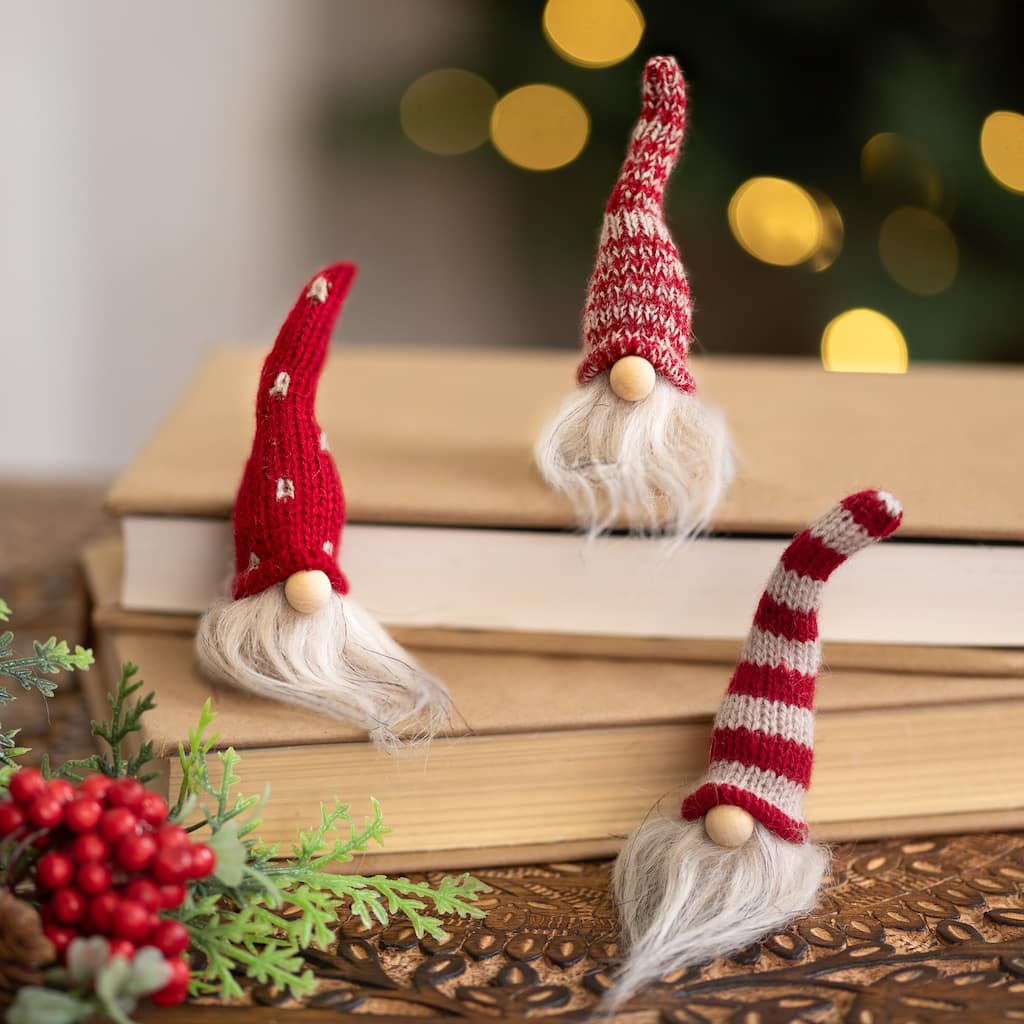 Mini Gnomes with Knitted Hat Christmas Decorations - 3.5" - Set of 3