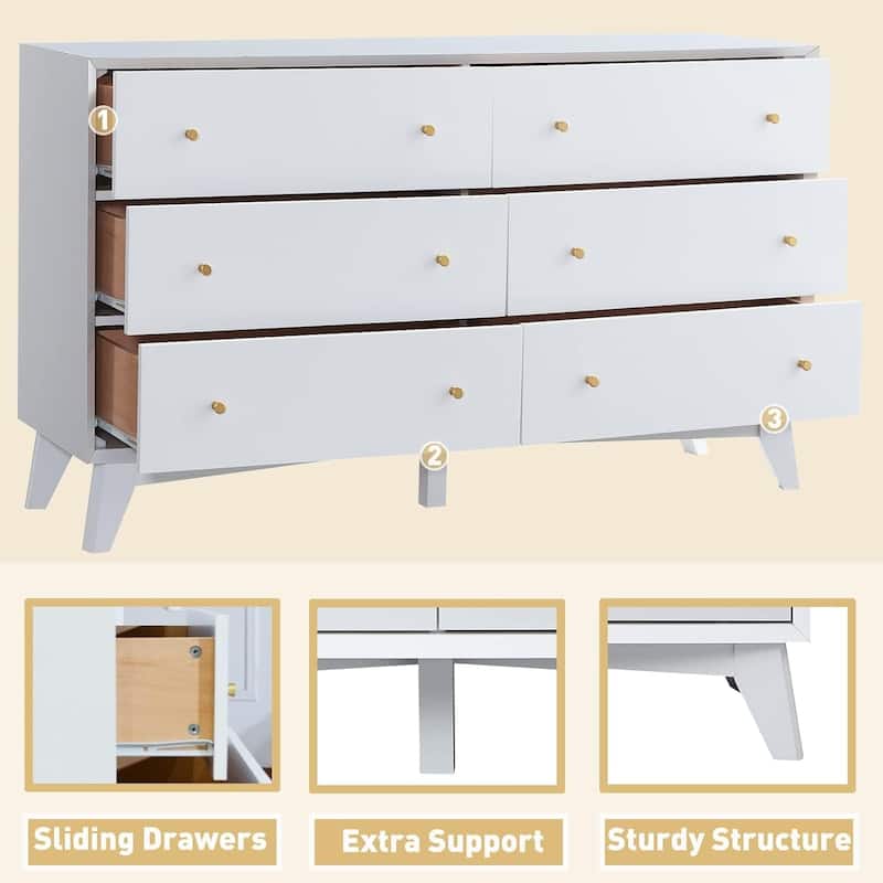 Mid Century Modern 6 Drawer Wood Dresser, Chest of Drawers, TV Stand