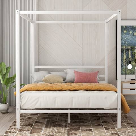 Metal Framed Canopy Platform Bed with Built-in Headboard,No Box Spring Needed, Classic Design, Queen