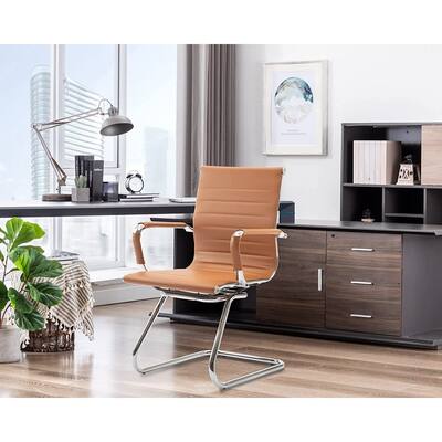 Waiting Room Chairs Leather Office Guest Chair Mid Back Reception Chairs with Sled Base for Meeting/Patient/Conference Room