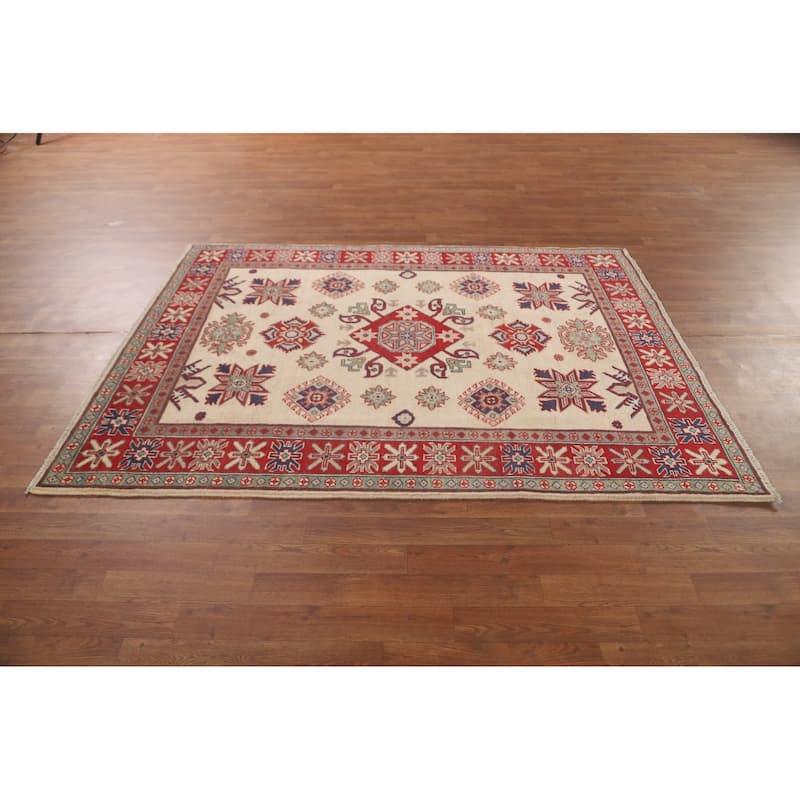 Ivory Geometric Kazak Area Rug Hand-Knotted Wool Carpet - 4'10" x 6'5"