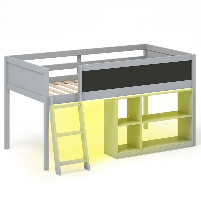 Gymax Kids Loft Bed w/LED Lights Chalkboard & Removable Bookcase - Grey