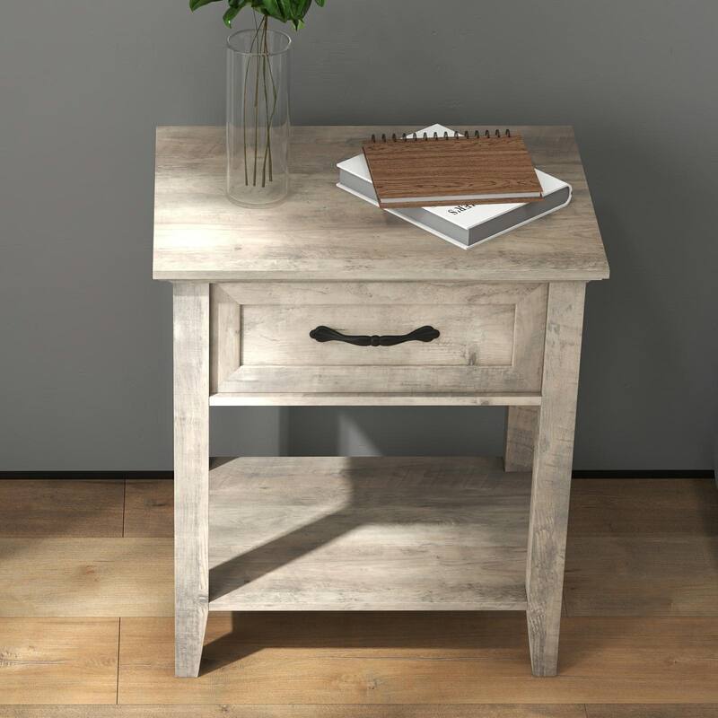 Nightstand, End Table with Storage Drawer, Shelf - Grey