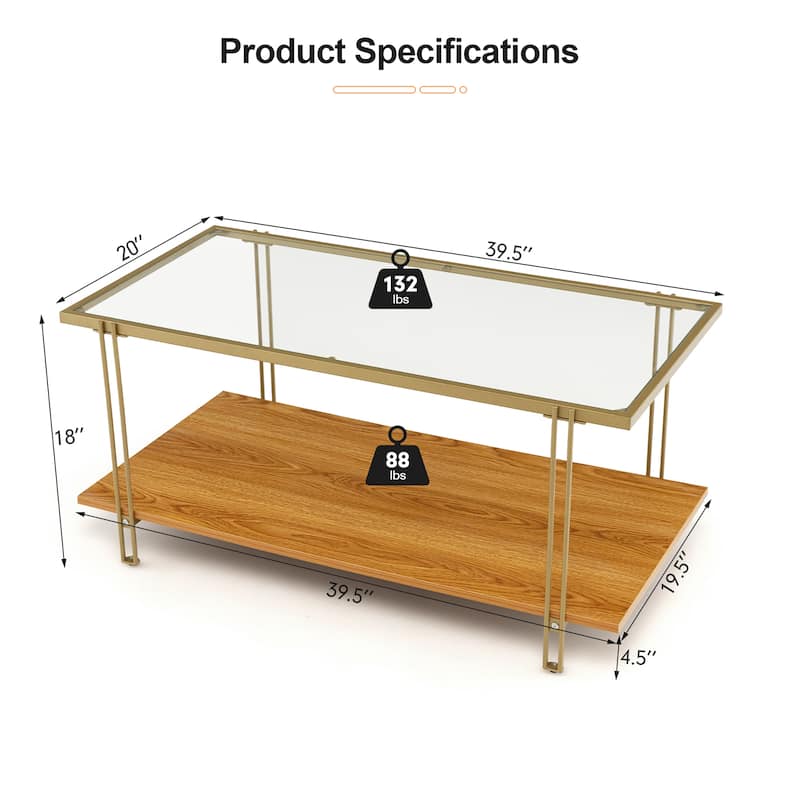 2 Tier Rectangle Glass Coffee Table Modern Cocktail Accent Table - 39.5'' x 18'' x 20'' (L x W x H)