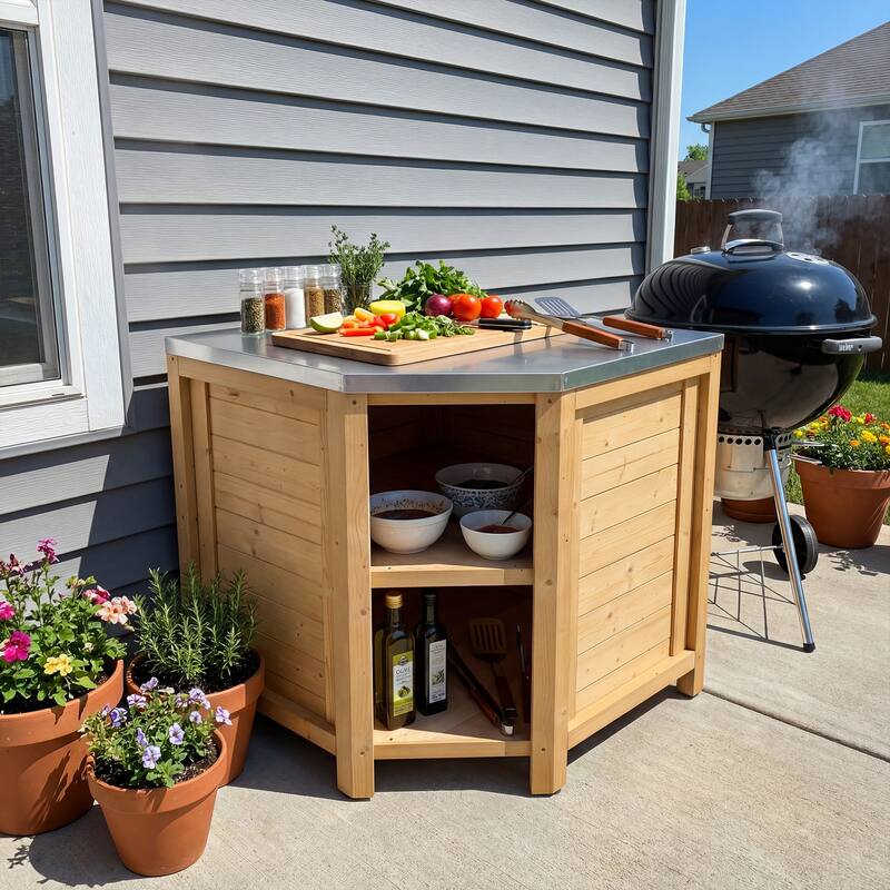Modular Outdoor Kitchen Island Set, 100% Solid Wood BBQ Cabinet , Patio Kitchen Bar Table
