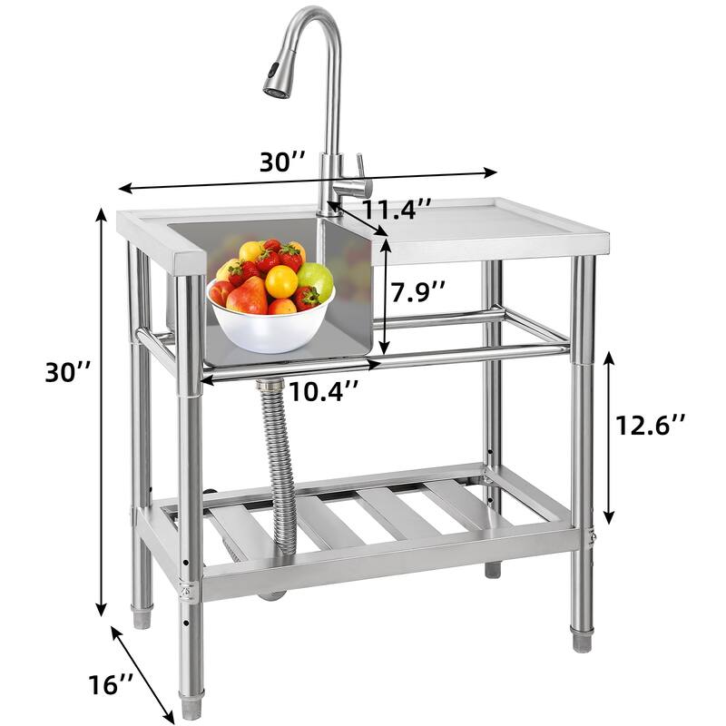 Stainless Steel Outdoor Freestanding Utility Sink With Faucet, Drainboard, And Storage Shelves
