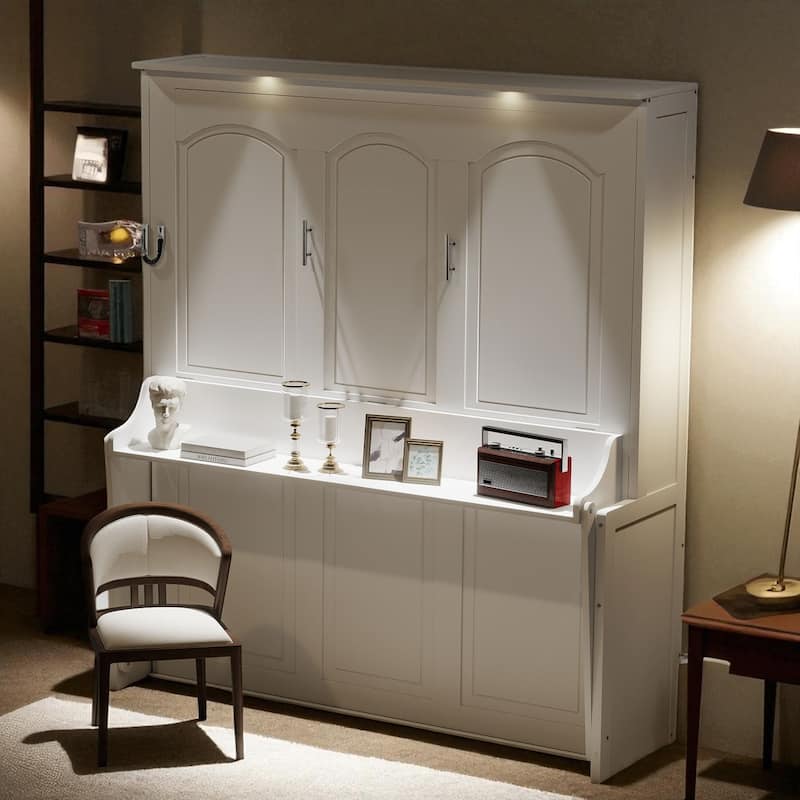 Queen Murphy Wall Bed with Desk, LED Lights & USB, Dual-Piston Lift, 600 lb Capacity, 6-8 in Mattress, No Box Spring