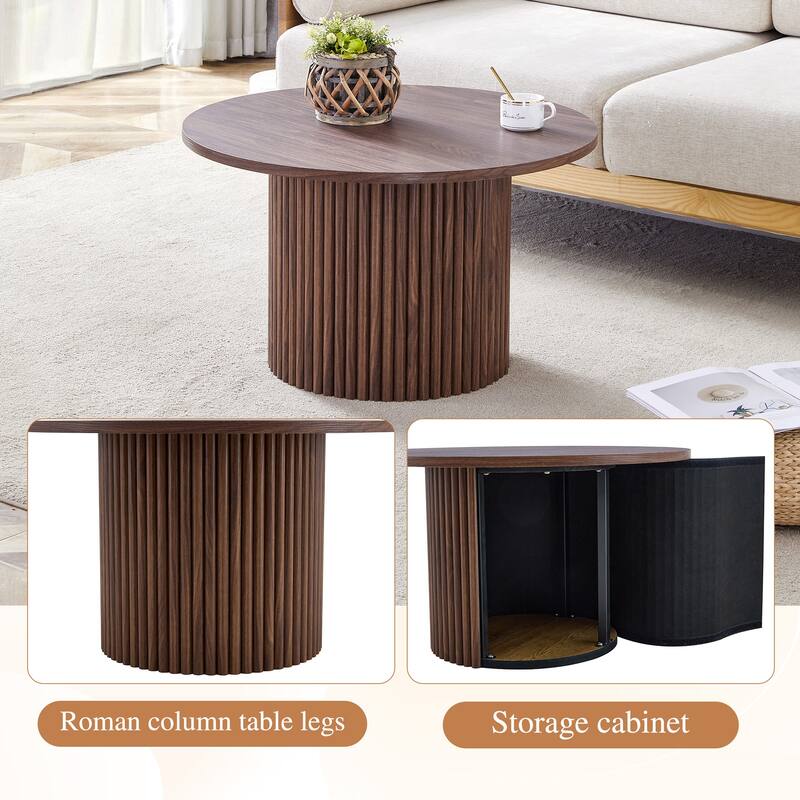 Modern Round Coffee Table with Cylindrical Legs Wooden Center Table with Concealed Storage Space Living Room Tea Table