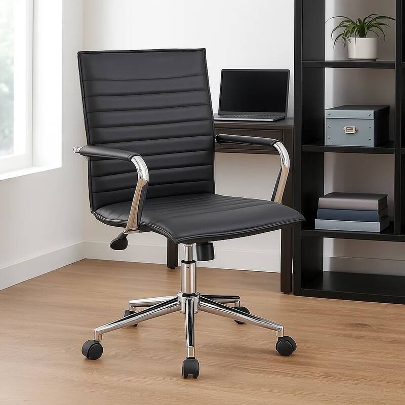 Kenny Commercial Grade Rolling Office Armchair, Chrome Arms, Black Vinyl
