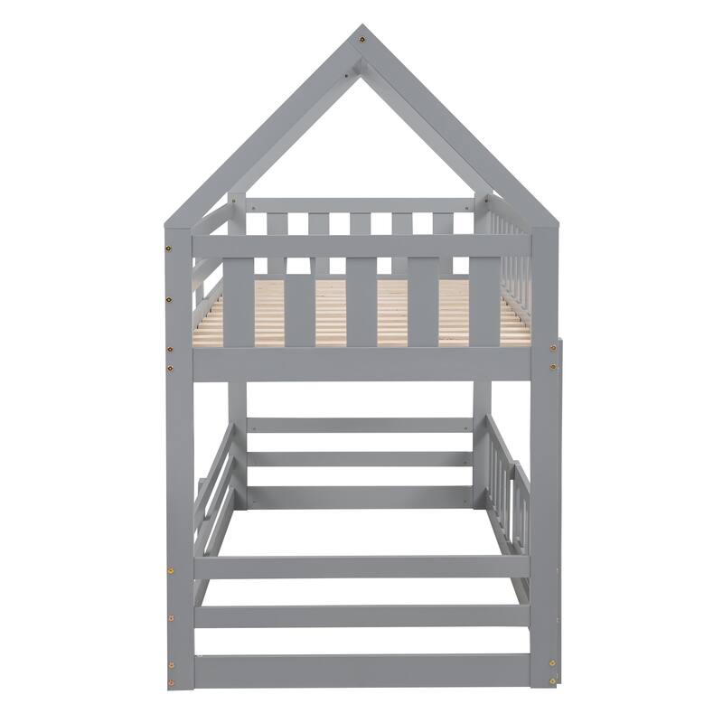 Gray Twin Over Twin House Bunk Bed with Fence and Door