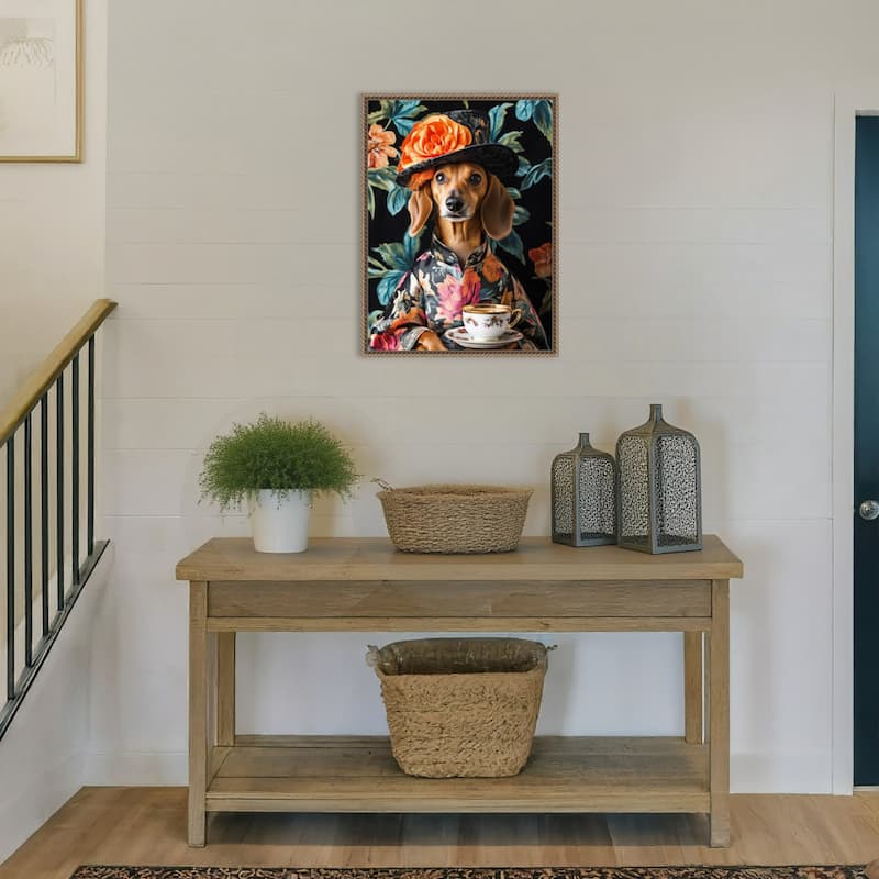 Tea Time Dachshund by Mowzu Framed Canvas Wall Art