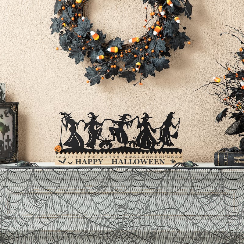 Glitzhome 18"L Happy Halloween Wooden Metal Dancing Witch or Ghost Countdown Calendar Table Decor - Dancing Witch