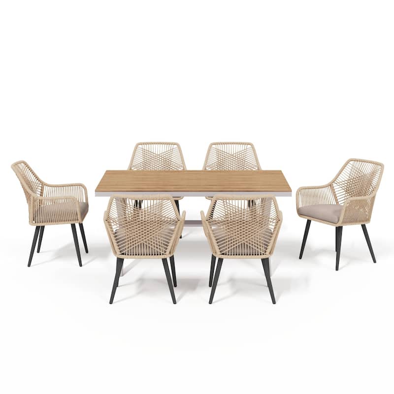 7-Piece Outdoor Dining Set - Iron Frame with Cross Wicker Back Chairs & X-Base Table