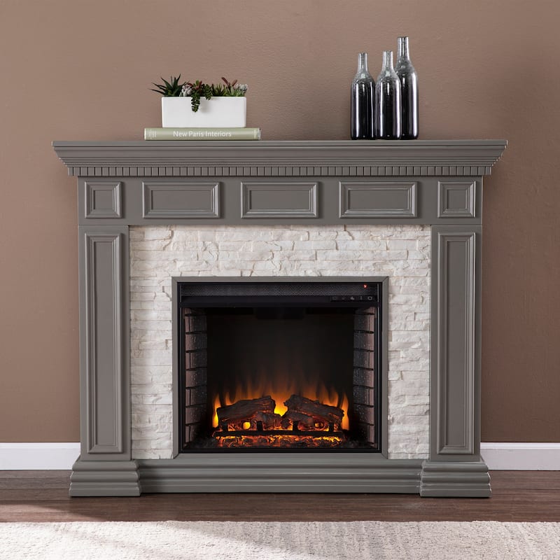 SEI Furniture Dalaro Modern Electric Fireplace with Faux Stone Mantel - Brick Accent Firebox