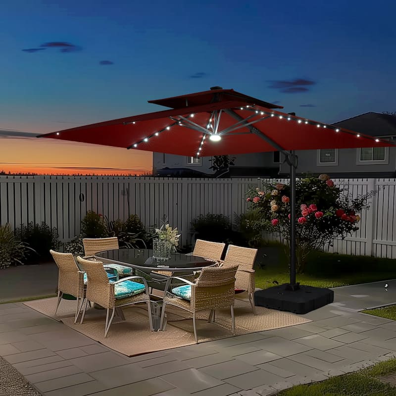 9 x 11 FT Outdoor LED Lighted Double Top Patio Cantilever Umbrella with Base