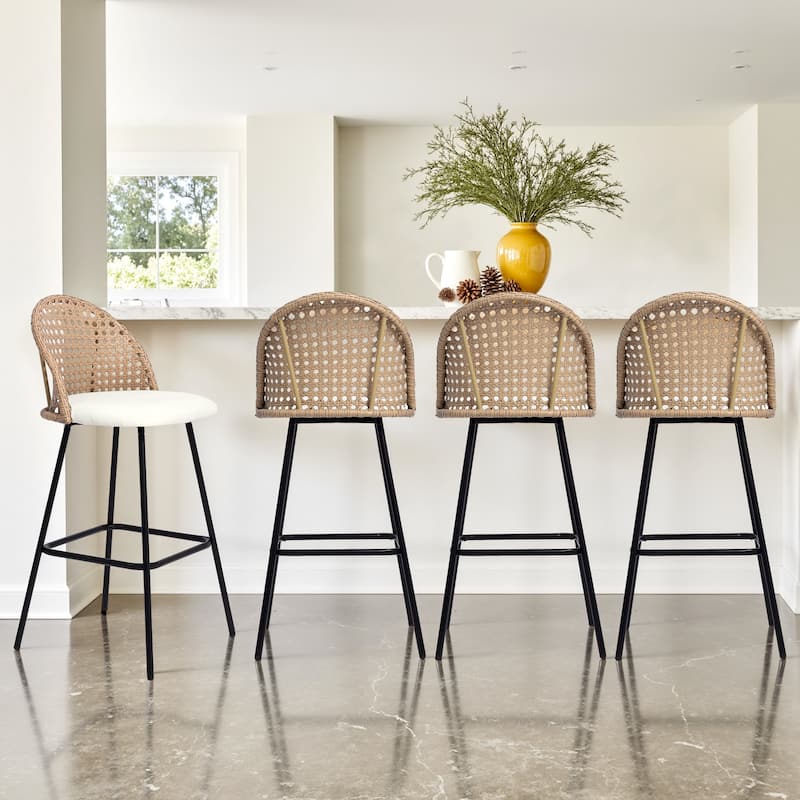 29" Upholstered Swivel Bar Stools with Rattan Back