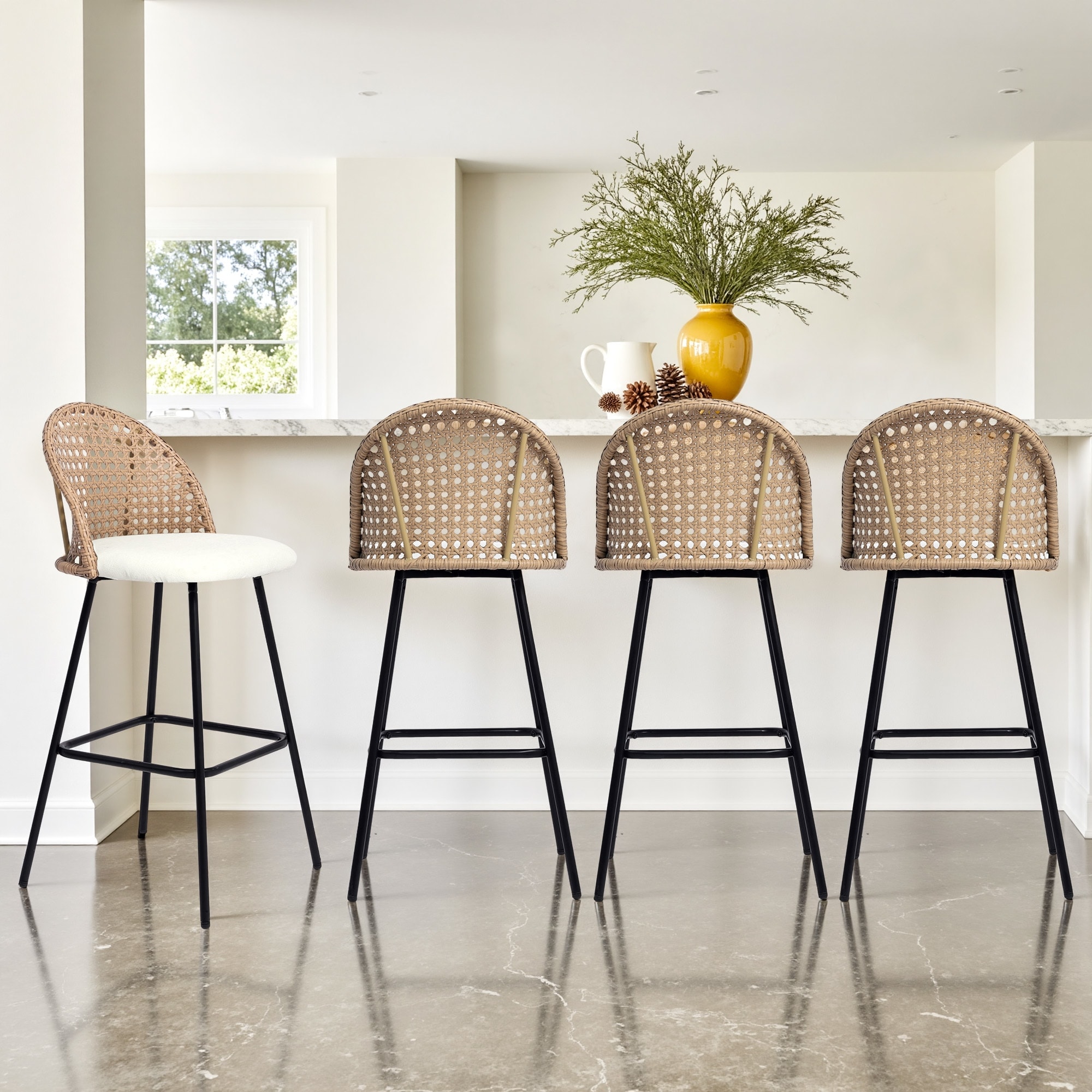 29" Upholstered Bar Stools with Rattan Back