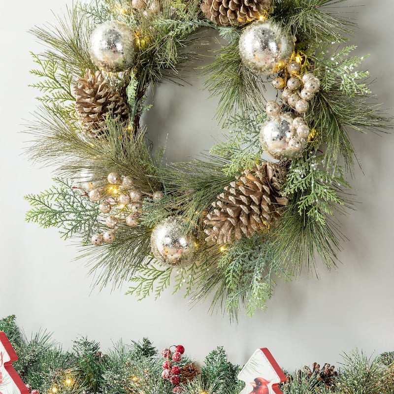 24"D Pre-Lit Ball Berry Holly Pinecone & Ornament Wreath with Brown Window Frame Set